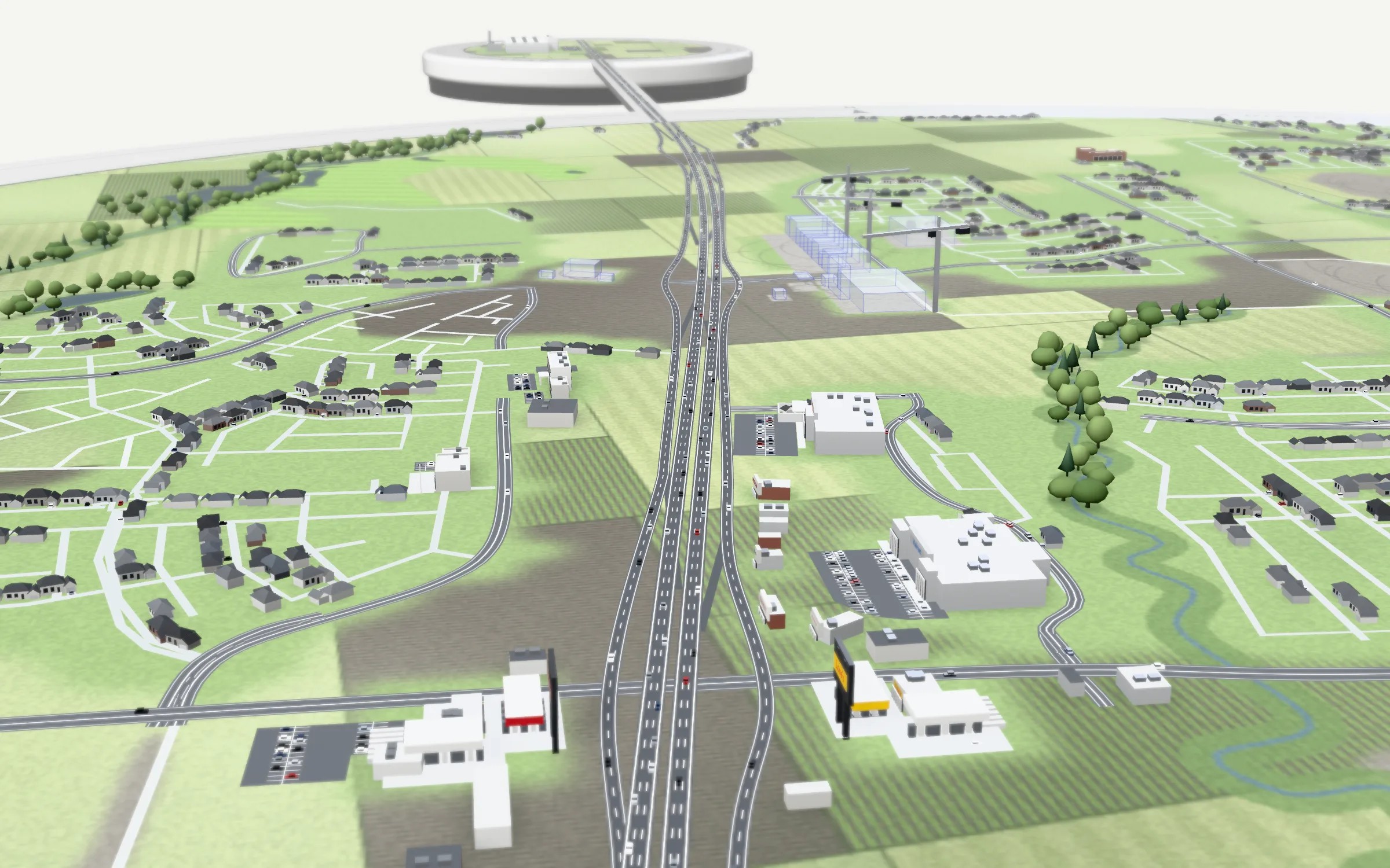 My model of Anna, looking north up US 75 from White Street: stores along the frontage roads, neighborhoods either side, and the causeway to Sherman in the distance