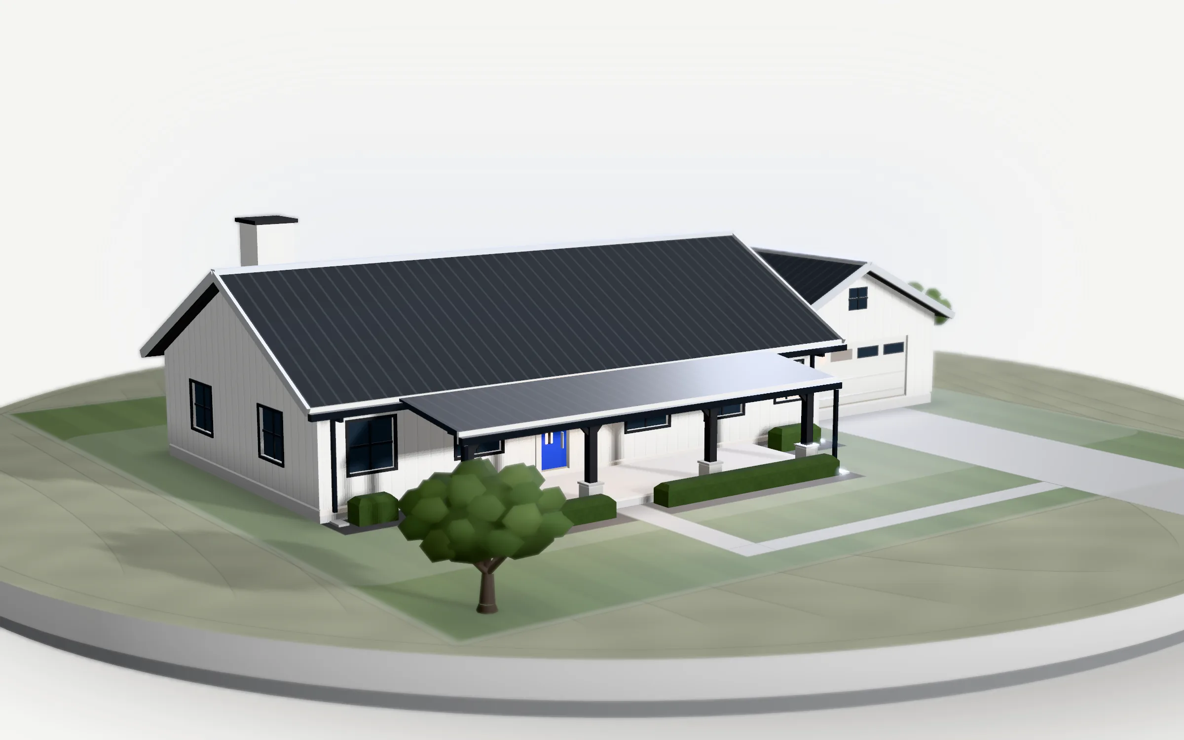 The finished house from my build model below: a white single-story farmhouse with a blue front door, on a model-shop lot